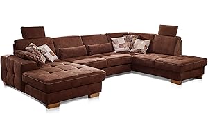 ‎CAVADORE CAVADORE Wohnlandschaft Puccino mit Federkern, Bettfunktion, Sitztiefenverstellung und 2 Kopfstützen / Sofa in U-Form im Landhausstil / 340 x 86 x 224 cm / Mikrofaser braun