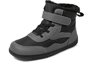 TIAROOTT Kinder Winter Barfußschuhe Warme Gefüttert Schneestiefel mit Klettverschluss Barfußschuhe Winter Kinder Schneestiefel Breiter Zehe Wanderschuhe Leicht Rutschfest Winterstiefel