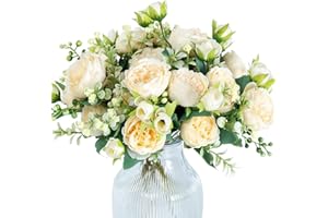 Hobyhoon 4 racimos de peonías artificiales para decoración, ramo de rosas falsas, flores de seda de tacto real, artificiales para jarrones, bodas, decoración del hogar (beige)