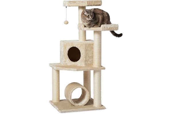 Amazon Basics Arbre à chat en forme de tour avec tunnel et griffoir - 114x49x49 cm (Lot de 1), Beige