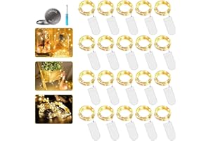 VIVIBEL 20 Piezas Cadena de Luces con Pilas, 2M 20LED Luz de Hadas Alambre de Cobre, Guirnaldas Luces Blanco Cálido, IP65 Impermeable Luces Decorativas para Interiores, Navidad, Exteriores, Fiestas, Bodas