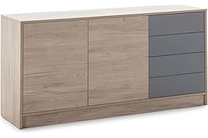 HOMN LIVING Aparador Panama 4 cajones 2 Puertas, Color Madera y Gris, 136 cm (Ancho) 40 cm (Profundo) 70 cm (Altura)