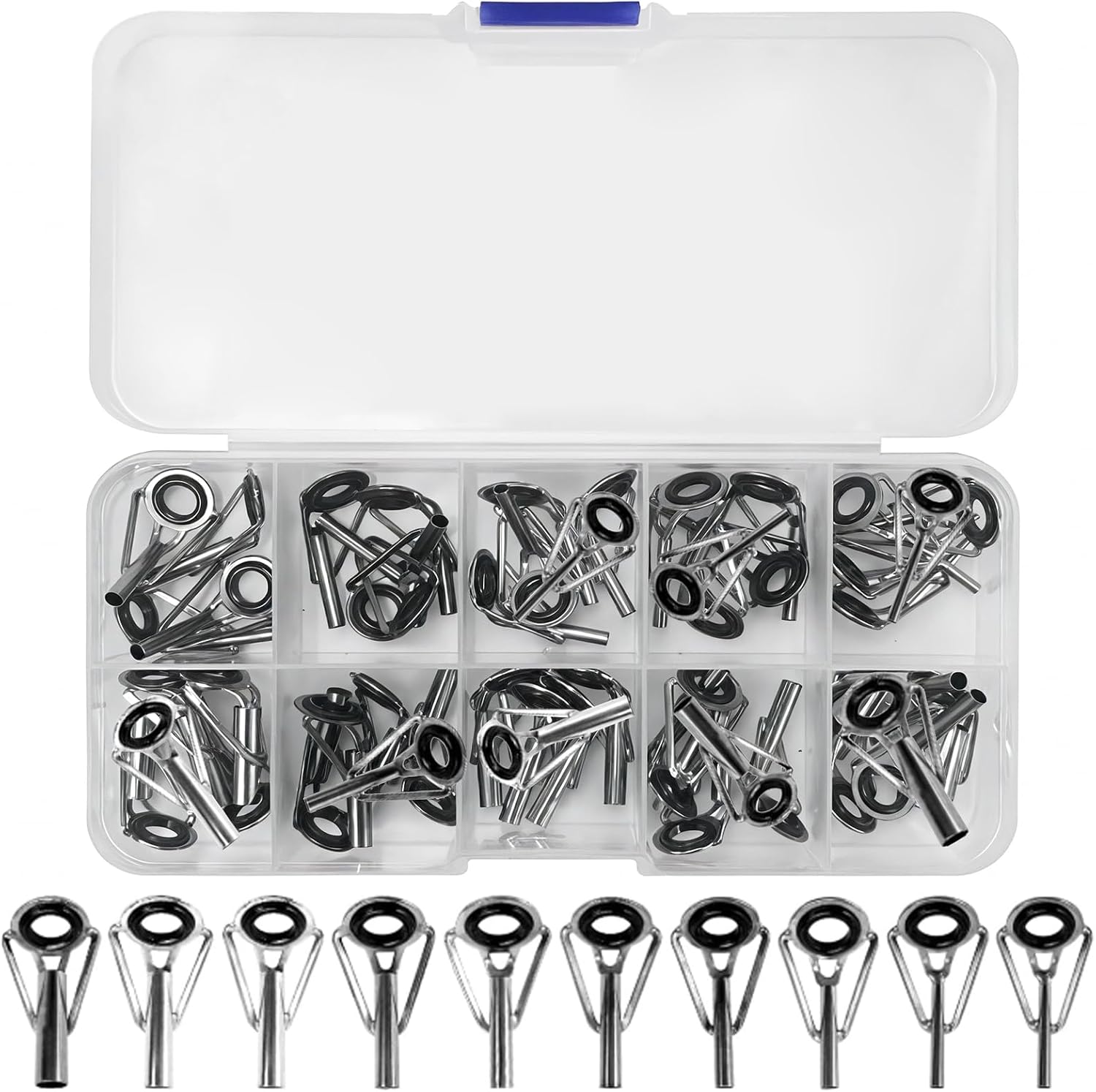 XINFAQAQ 50 Piezas Kit de Reparación de Punta de Caña de Pescar, 1,6-3,8mm Anillo de Punta de Caña de Pescar con Anillo de Cerámica 10 Tamaños para Pesca en Agua Salada y Dulce