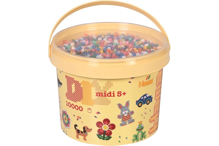 Hama Midi Beads Bucket, Approx.10.000 Fuse Beads, Mosaic Decoration Arts & Craft Kit for Creative Children Ages 5+ Assorted Colours, Iron/Melty Bead Set