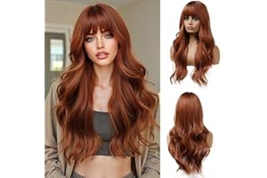 Esmee 24 Cali Długie Faliste Miedziano-Brązowe Peruki dla Kobiet Naturalne Syntetyczne Włosy Odporne na Ciepło Peruki z Grzywką do Codziennego Użytku na Imprezach Cosplay