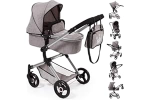 Bayer Design 18410AA Stroller, Doll Combi Pram Neo Vario with Changing Bag and Underneath Shopping Basket, Foldable, Swivel Front Wheels, Grey with Crown