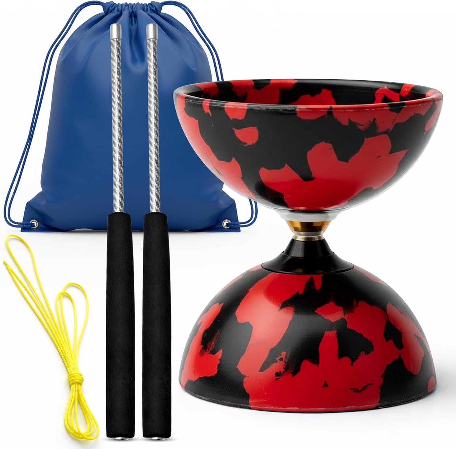 ProXopi Diábolo Profesional Triple Rodamiento, Diabolo de Malabares con Palos de Fibra de Carbono, Cuerda y Bolsa de Transporte, Estable y Resistente para Principiantes y Adultos (Rojo y Negro)