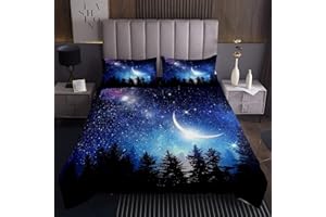 TBRAND Nautische Tagesdecke 240x260cm Mondbaum Wald Steppdecke für Kinder Jungen Mädchen Nacht Kiefer Themen Bettüberwurf Botanischer Baumdruck Wohndecke 3St