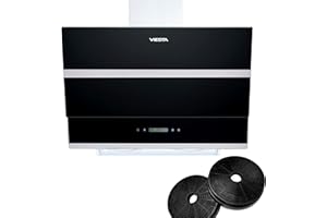 VIESTA DH900XE kopffreie Dunstabzugshaube 90cm 320W inkl. Aktivkohlefilter für Abluft & Umluft, Edelstahl-Schwarzglas Kopffreihaube Wandhaube mit Touch Control, LED