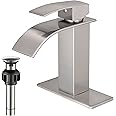 VOTON Waterfall Bathroom Faucets Brushed Nickel Modern Bathroom Sink Faucet Single Handle Bathroom Faucet for 1 or 3 Holes with Deck Plate and Pop-Up Drain, Rv Sink Camper Farmhouse Bathroom Faucet