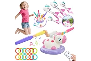 FOZCMISW Einhorn 3 in 1 Bewegungsspiel für Kinder ab 3 Jahre: Raketenstarterspiel (18m Fuß Flug), Musik-Springspiel mit Fernbedienung & Ringwurf mit 12 Ringen, Outdoor Kinderspielzeug in Tragegriff Geschenkbox