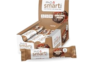 PhD Nutrition Smart Bar Barre protéinée 12x64g Chocolat noir et moka - En-cas High Protein avec 21g de protéines et peu de sucre, Barre protéinée macro-friendly