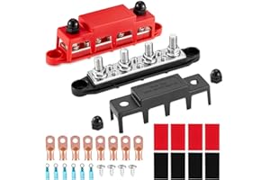 AIGREAT Barre de Distribution D'alimentation 12V-48V 250A 4 Goujons M8 5/16 3 Bornes à Vis M4 Bus Bar Bornier Bloc Distribution D'énergie avec Couvercles pour Voitures, Bateaux, Yachts (Rouge, Noir)