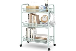 Urackify Chariot de Cuisine a 3 Niveaux pour Salle de Bain, Cuisine et buanderie. Métal résistant à la Rouille, Panier en Maille Respirante et Crochets latéraux Inclus. Facile à Installe, Vert