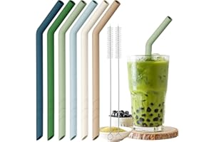 NiHome 6 Stück Silikon Strohhalme Wiederverwendbar, Extra Breite Trinkhalme für Boba, Smoothies & Bubble Tea – Zuschneidbare Länge, BPA-frei, mit 2 Reinigungsbürsten, Spülmaschinenfest（Naturfarben）