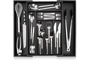 budu Organizador de Cubiertos #45 (profundidad 45 cm) de Bambú, Negro, Bandeja para Cubiertos Extensible, Cubertero Ajustable para Cajón