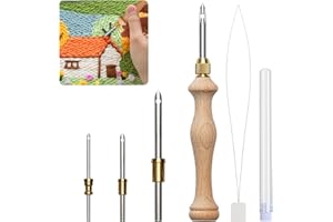 FRIEDWOHL Griff Stanznadel, 1 Set 5 Stück Metallrohr Stanznadel, 5mm/3.5mm/2.5mm Punch Needle Kit, Holz Stanznadel, Holz Stickstift, Stickstift Aus Holzgriff, Punch Needle Set für DIY Filzprojekte Anfänger