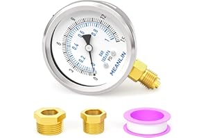 MEANLIN MEASURE 0~1BAR/0~15PSI Trockendruckmanometer Edelstahl 1/4"BSP 2"FACE DIAL Wasserdicht für Brunnen Pumpe Wasser Reifen Wasserdruck Tester Untere Halterung, mit 1/2"BSP und 3/8"BSP Hex Buchse
