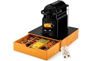 AKITAInk Porta Cialde in Bambù con Cassetto a 4 Scomparti e Piano in Vetro - Organizer per Capsule, Caffè e Tisane - Perfetto per Angolo Caffè Moderno in Cucina e Ufficio