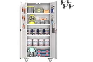 SUPEER Armario de metal con tablero y ruedas con cerradura, 4 estantes ajustables en altura, chapa de acero con recubrimiento en polvo, armario de acero con cerradura para herramientas, garaje, 183 x