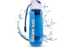 DALMESS - Gourde Filtrante Eau Non Potable 750ml avec Paille Filtrante de survie au Charbon Actif Purificateur d'eau Camping Randonée Voyage Trek Filtre 99.99% des bactéries elimine chlore et odeurs