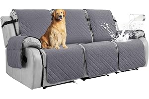 RAPRAP 100% Waterproof Recliner Sofa Covers 3 Seat, Non-Slip Three Seater Recliner Chair Covers with Pocket, Washable Reclining Couch Protector for Dogs, Pets, Kids, Grey, 3 Seats