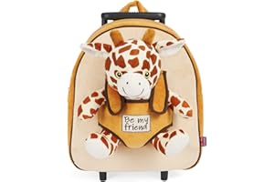 Carry On Backpack Plush Giraffe Children 3 4 5 Years - Toddler Boy Girl Handbag with Removable Stuffed Soft Animal Detachable Wheels - Small Rolling Luggage Kids - 32x28x11 cm - Perletti (Giraffe)