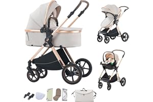 BEBBY BEBBY Cochecito de bebé 3 en 1,Carricoche Combinado Paisaje Alto Marco de Aluminio Para Recién Nacido0-22KG,Portátil Carrito Bebe 3 en 1 Con Asiento De Auto ((D2) RICEWHITE, H2-D)