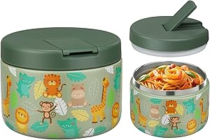 Itslife Thermobehälter für Essen 350ml Edelstahl Warmhaltebebehälter, Kinder auslaufsicherer Lunchbehälter mit Schnallenabdeckung, Weithals, Isolierung, geeignet für kaltes&heißes Essen Grün Tier