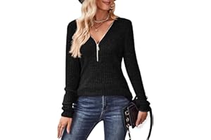 Gemulate Womens Long Sleeve Tops Ladies Lightweight Knit Jumpers V Neck Zipper Sweaters Casual Striped Sweatshirts Tshirt