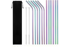 ZIRANEE Pailles en Acier Inoxydable,12 PCS 304 Réutilisables Métallique avec 2 Brosses | pour Cocktails,Smoothies et Boissons Chaudes | sans BPA & Lavable Lave-Vaisselle (Longueur 21cm, Ø6mm)
