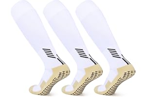 JOCMIC 3 Pairs Kids Grip Socks Football Socks, Junior Anti-slip Knee High Sports Socks Boys Long Cushioned Training Rugby Hockey Socks Aged 5-12