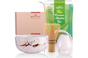 ‎GOOD WEI Goodwei BIO Matcha z Japonii w zestawie do matchy w komplecie z nowoczesną miską do matchy o szlachetnym marmurowym wzornictwie, miotła matcha i uchwytem na miotłę, zestaw upominkowy na ceremonię