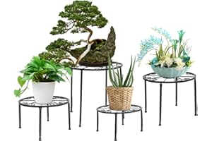Dazone Support Plante en Fer Forgé Lot de 4, Étagère Plantes Intérieur ou Extérieur, Présentoir de Pot de Fleurs pour Balcon Jardin Maison Terrasse (Noir)