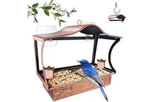 MLEPXBO Window Bird Feeder, Metal Window Bird Feeder with Strong Suction Cups, Bird Feeders for Small Birds, Removable Tray with 2 Water Cups, Easy Clean and Fill