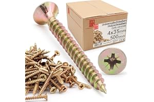 LUN FIX - Vite universale, 4,0 x 35 mm, 500 pezzi, testa svasata, impronta PZ2, zincata gialla, vite multiuso, vite a croce