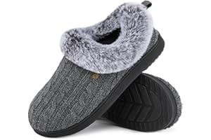 HomeTop Women's Cable Knit Slippers Breathable Warm Comfy Non-slip Indoor Outdoor House Shoes with Fuzzy Collar