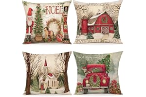 ZWJD Kissenbezug Weihnachten 45x45 4er Set Kissenbezüge Dekokissen Leinen Kissenhüllen für Deko Weihnachten Sofa Schlafzimmer Couch Kissenbezug 45x45 cm