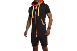 Leif Nelson Herren kurze Jumpsuit für Sommer kurze Hose kurzarm Overall Onesie Männer T-Shirt Kapuze Sommerjumpsuit Schlafanzug kurzer Jogginganzug Trainingsanzug LN8313