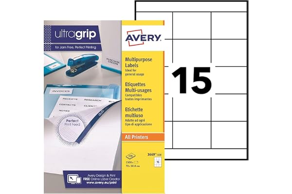 AVERY - Pochette de 1500 étiquettes UltraGrip autocollantes. Personnalisables et imprimables. Format 70 x 50,8mm. Impression laser, jet d'encre, copieur. (3669-100)