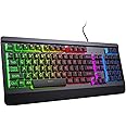 Gaming Keyboard with Large Print Keys, 7-Color Rainbow LED Backlit, Quiet Light Up Computer Keyboard with All-Metal Panel, Wrist Rest, Anti-Ghosting Multimedia Keys, USB Wired Keyboard for PC Mac Xbox