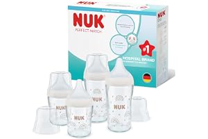 NUK Perfect Match glasflaskset | 3+ månader | passar till babygommen | temperaturkontroll | anti-kolik ventil | 120 ml och 230 ml | silikonnappar