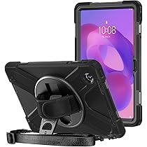 Junfire Robuuste hoes voor Lenovo Idea Tab (11 inch) 2025, stootvaste beschermhoes met draaibare standaard, displaybeschermfolie, polsriem, compatibel met TB-336FU/TB-336ZU - zwart