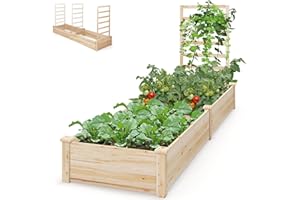 GiantexUK Garden Planter with Trellis, 300L/600L Wood Raised Garden Bed with 2 Compartments, Outdoor Elevated Flower Pots Planting Box for Climbing Plants Vine Vegetables Herbs (1 Trellis, 300L)
