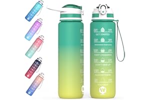 WHIPY 500ML Water Bottle with Straw - Leak-Proof & BPA Free Reusable Sports Bottle - Motivational Time Markings for Hydration Durable Drink Bottle for Gym, Sports, Outdoor, Cycling (Green & Yellow)