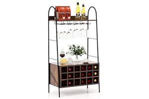 KOMFOTTEU Botellero para 18 Botellas, Estantería para Vino con Soporte para 15 Copas, Organizador de Botellas con Estantes Abiertos para Cocina, Comedor, Bar, 63 x 32 x 114,5 cm
