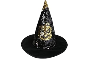 Hooin Cappello di zucca con paillettes reversibili per Halloween. Cappello da strega/mago fantasia di Halloween con paillettes nere/dorate.