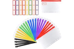 VMUTGA 24 Pièces Pochettes Classeur A6, 6 Trous Pochette Plastique Transparentes Sacs Zippés à Feuilles Mobiles Pochettes Budget Enveloppe ImperméAbles pour Documents Cartes Photos Classeur Budget A6