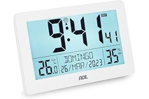 ADE Reloj Digital XL Radio-controlado con dígitos Muy Grandes | Reloj de Mesa con 2 Horas de Alarma e iluminación | termómetro e higrómetro | Marco Delgado Blanco