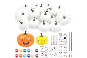 Songjum 18Pcs Calabaza Blanca de Halloween Calabazas Artesanales para Pinta Incluye 12 Pinturas y 4 Hojas de Pegatinas para la Decoración de Halloween Acción de Gracias de la Cosecha de Otoño